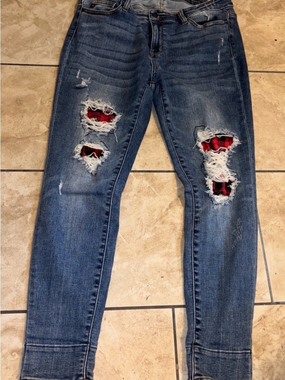 Skinny Blue Distressed Jeans with Red Plaid Patch Detail